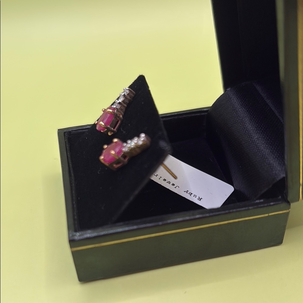 Genuine 14K Gold Ruby and Diamond Stud Earrings - Picture 4 of 10